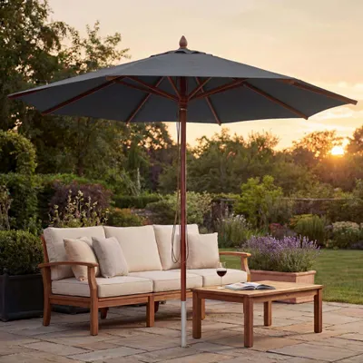 Produktbild von Gastronomie Holz-Sonnenschirm MCW-C57b, Gartenschirm, Polyester/Holz 17kg, rund Ø4m Seilzug stoßsicher  anthrazit