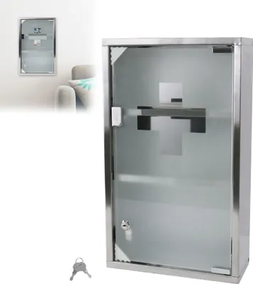 Obrázek produktu pro LARS360 lékárnička uzamykatelná lékárnička domácí lékárna 3 přihrádky, nerezová ocel, sklo, dveře domácí lékárna lékárnička, 50x30x12cm