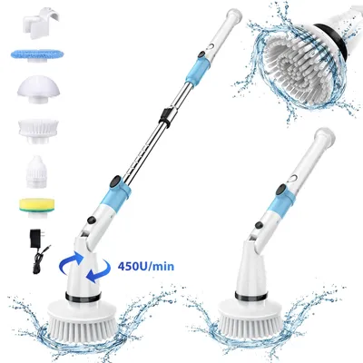 Produktbild von Elektrische Akku-Reinigungsbürste, 450 U/min, Teleskopstiel bis 120 cm, 5 austauschbare Bürstenköpfe, kabellos für Bad, Küche und Fliesen