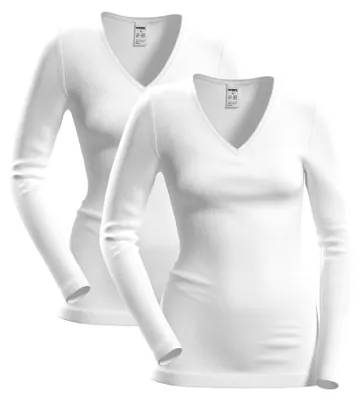 Produktbild von HERMKO 13680 2er Pack Damen langarm Unterhemd mit V-Ausschnitt, Farbe:weiß, Größe:48/50 (XL)