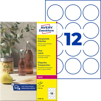 Produktbild von Avery Zweckform L7787-25, Transparente Etiketten, A4, ? 60 mm, 300 Etiketten / 25 Bögen, transparent