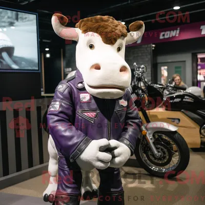 Produktbild von Maskottchen REDBROKOLY einer lila Hereford-Kuh mit Motorradjacke und Schlüsselanhängern