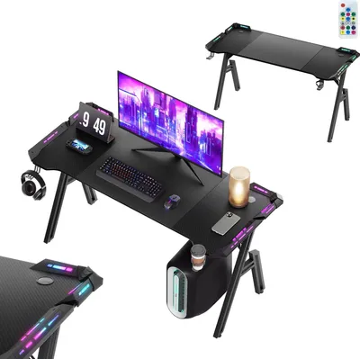 A collage of images showing a gaming desk with RGB lighting, a monitor, keyboard, mouse, headphones, and a cup holder.