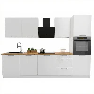Productafbeelding van Keukenwandunit 300 cm - Hoogglans wit - met bruin werkblad - inclusief hangkasten en onderkasten - Scharnieren met soft-close functie - DENIS