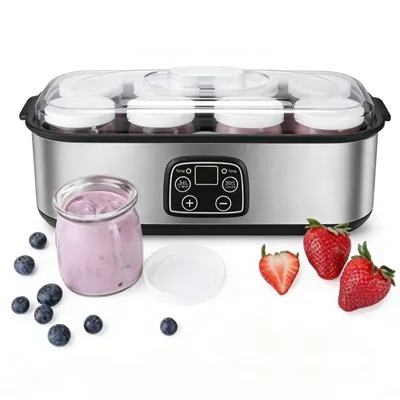 Produktbild von Joghurtbereiter 25W Joghurtmaschine mit LCD-Display 8 Joghurtgläser mit Deckel aus Glas 180ml einstellbare Temperatur und Zeit Edelstahl Glas Silber
