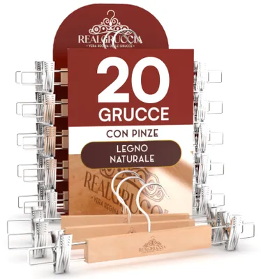 20 Kleiderbügel mit Clips, Naturholz, 13x33 cm, verstellbar