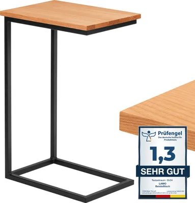 Produktbild von LAMO Manufaktur Beistelltisch | Laptoptisch | Sofatisch | mobiler Kaffeetisch | Nachttisch | 45x30x67 cm | Gestell Schwarz | 100% Echtholz Massiv Platte farbe: Natur