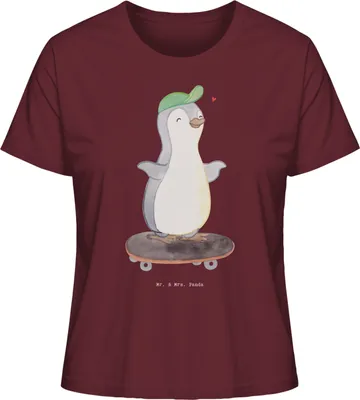 Produktbild von Mr. & Mrs. Panda Oberteil Damen Pinguin Skateboarden Größe S - Burgundy - Geschenk, Skateplatz, Shirt, T-Shirt, Skaten, Skateboard fahren, Baumwoll, Kurzarmshirt