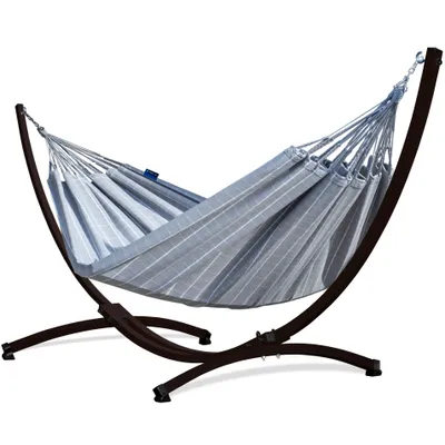 Produktbild von Potenza Outdoor Catargo Hängematte mit Gestell für 2 Personen I Baumwolle Doppelhängematte XXL 220x160, 220kg I Braun Hängemattengestell 220kg, wetterfest