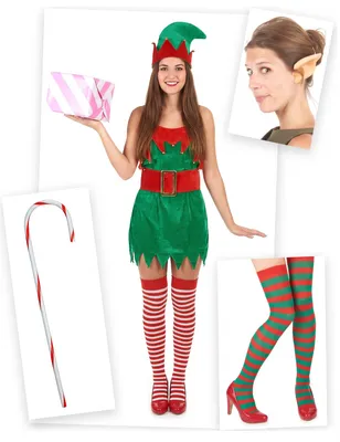 Imagen del producto de Conjunto de disfraz de elfa para mujer, traje navideño de 6 piezas, color rojo y verde, talla única