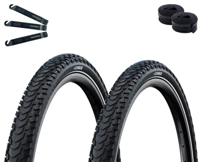 Produktbild von 2 x Schwalbe Marathon Mondial Drahtreifen Double Defense RaceGuard ADDIX Green E-50 Schwarz-Reflex 50-622 (28 x 2.00") + 2 x Schwalbe Schläuche SV19 inkl. Reifenheber