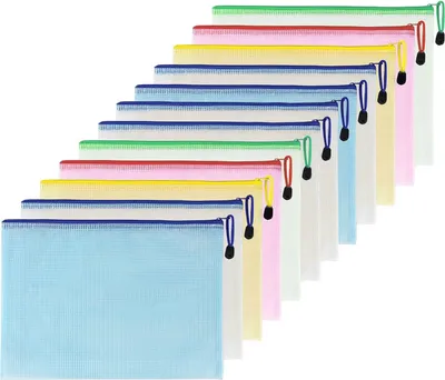 Produktbild von 12 Stück Dokumententasche A5, bunte wasserdichte Dokumententasche mit Reißverschluss, Datei Zipper Tasche Mesh Kunststoff Reißverschlusstasche für Dokumente, Kosmetika, Reisezubehör