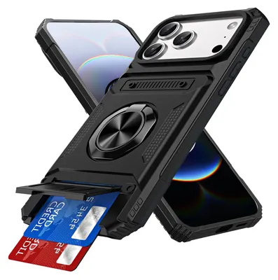 Produktbild von Dual Layer Hülle für iPhone 17 Pro Max mit Kartenhalter, Magnetische Ring Ständer Militärschutz Stoßfeste Handyhülle Schwarz