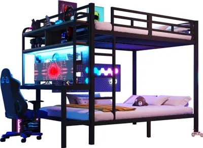 Produktbild von Merax Etagenbett 140x200 cm, mit Schreibtisch, LED & USB, Sicherheitsgeländer, Leiter, Bücherregal, Kinderbett, Jugendbett, Metall Stockbett, Schwarz