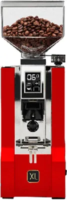 A red and chrome Eureka Mignon XL espresso grinder filled with coffee beans.