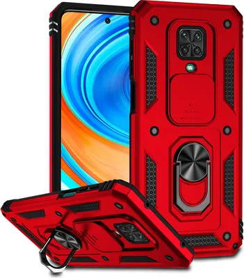 Image de Étui pour Xiaomi Redmi Note 9S/9 Pro/9 Pro Max étui double couche avec couvercle coulissant pour l'appareil photo et anneau de support rouge
