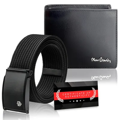 Zdjęcie produktu dla Pierre Cardin zestaw portfel męski + pasek parciany skóra naturalna czarny 135cm RFID 12,5x9,5 cm
