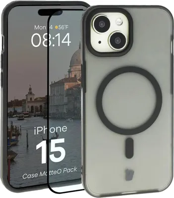 Produktbild von Schutzhülle mit Magnetring + gehärtetem Glas Bizon MatteO Pack für iPhone 15, Getönt-Schwarz