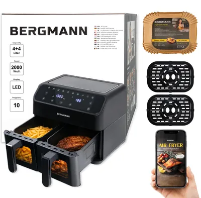 Zdjęcie produktu dla Frytkownica na gorące powietrze beztłuszczowa Airfryer BERGMANN YA 2 komory poziome pojemność 4l+4l moc 2000W panel LED wbudowane okienko frytownica