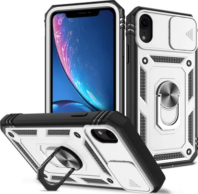 Produktbild von iPhone XR Hülle, Schiebe Kamera Schutz Robust Stoßfest Schutzhülle mit Ringhalterung Ständer Kartenhalter für iPhone XR Weiß