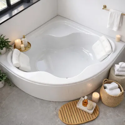 Image de ECOLAM Baignoire d'angle SELMA 140 x 140 cm + tablier acrylique + 2 oreillers Sole Baignoire d'angle acrylique blanc Garniture d'écoulement Alcaplast