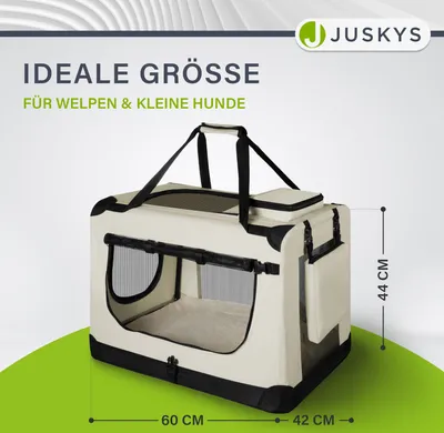 Produktbild von Juskys Hundetransportbox Lassie M (beige) faltbar - 42 x 60 x 44 cm - Hundebox mit Decke, Tasche & Griffen – Stoff Kleintiertasche für Hunde