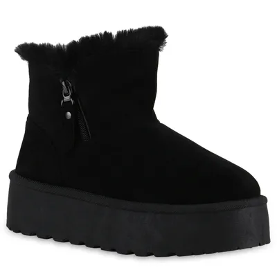 A black winter boot with a platform sole and fur trim.