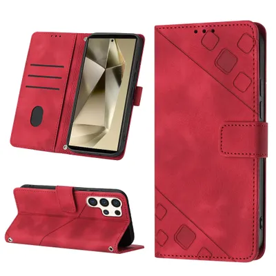 A collage of images showing a red flip leather wallet phone case for a Samsung Galaxy S25 Ultra.