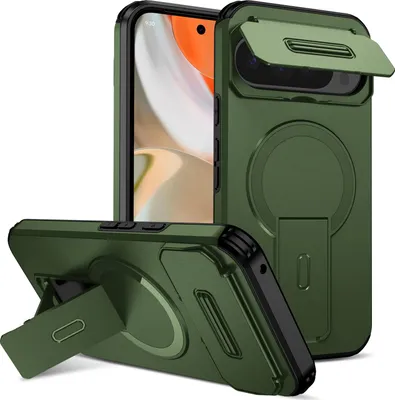 Produktbild von Magnetisch Hülle für Google Pixel 9 Pro XL/Pixel 10 Pro XL, Dual Layer Stoßfest Handyhülle mit Dia Kameraschutz, Verstellbarem Ständer Grün