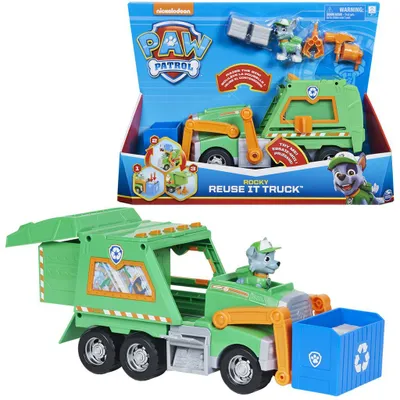 A product shot showing the Paw Patrol Rocky's Reuse It Truck toy in its packaging and also displayed out of the box.