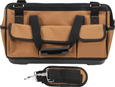 Immagine prodotto di borsa porta attrezzi a 17 tasche in tessuto Oxford, portatile, robusta, di grande capacità con tracolla per elettricisti, uomini, T2001, marrone, 18 pollici