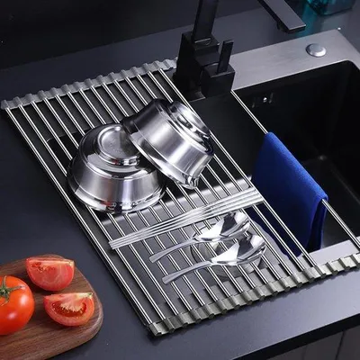 Produktbild von Serviettenhalter für Geschirr, falbar und abnehmbarer Edelstahl-Serviettenhalter über der Spüle, Serviettenhalter, Küchenregal, Serviettenständer, Spülbecken für Tassen, Obst, Gemüse, Geschirr, 43 x 35 cm