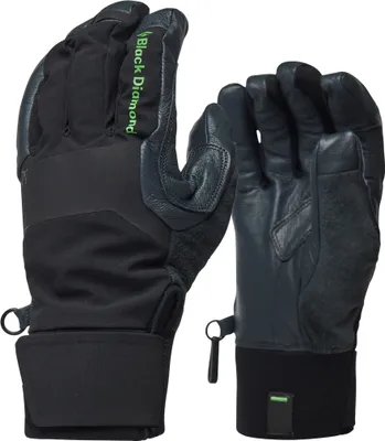 Kletterhandschuhe "Terminator" von Black Diamond; schwarz mit grauen und grünen Akzenten; für Kletteraktivitäten geeignet.