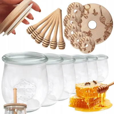 Produktbild von WECK Honiggläser 220ml Honigspender 6er Set mit Holzdeckel