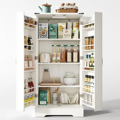Produktbild von Küchenschrank, weißer Vorratsschrank, 127 cm hoch, mit zwei Drehtüren und verstellbaren Einlegeböden, freistehend