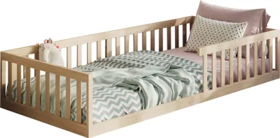 Produktbild von Kinderbett Bodenbett 90x200 cm mit Matratze, Lattenrost & Rausfallschutz Montessori Bett Bed Gitterbett Kinder Jugendbett Einzelbett mit Matratze | natur weitere Größen | 120x200 | 140x200 cm