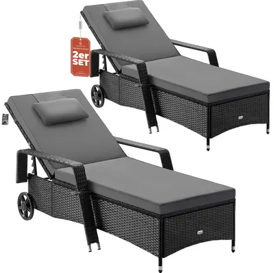 Produktbild von Casaria® Sonnenliege 2er Set mit Rollen 7cm Auflage Extra Breit 90cm Gartenliege Wetterfest 165kg Belastbar Terrasse Balkonmöbel Liegestuhl Schwarz Anthrazit