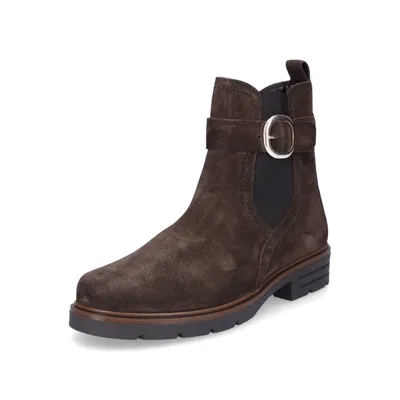 A single brown suede boot is shown against a white background.
