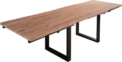 Produktbild von Baumkantentisch 180 (280) x 90 cm Barcelona, Akazienholz massiv & stonefarben, Esstisch inkl. 2 Ansteckplatten 50 x 90 cm, echte Baumkante, U-Metallgestell in Schwarz