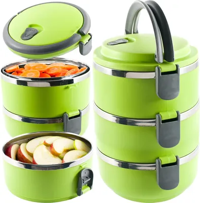 Produktbild von Isolierende Thermosbox, tragbare Lebensmittelbehälter Edelstahl 3-schichtiger Lunchbehälter Gepolsterter Lebensmittelbehälter Stapelbar für Erwachsene und Kinder Grün