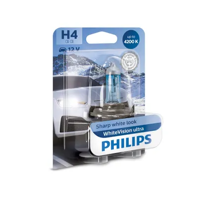 A product package for Philips WhiteVision Ultra H4 headlight bulbs, featuring an image of a car and the bulb itself.
