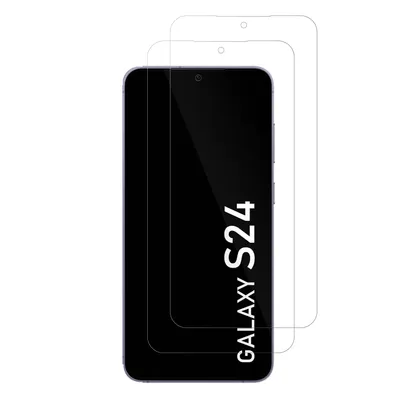 Two screen protectors are shown layered over a smartphone.