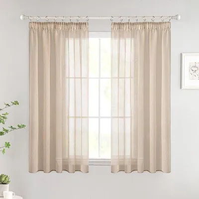 Zdjęcie produktu dla Zestaw 2 przezroczystych zasłon, 140x137 cm, kolor beżowy, nowoczesne zasłony do wnętrz z marszczącą taśmą, idealne do salonu i sypialni