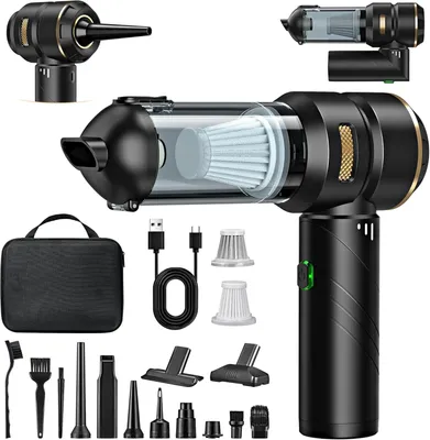 A collection of a cordless vacuum cleaner and its accessories, laid out on a white background.