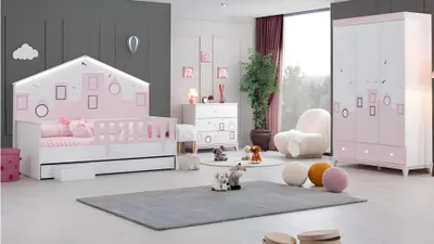 Produktbild von Kinderbett Rosa Kleiderschrank Jugendzimmer Kinderzimmer Möbel  2tlg Set Holz