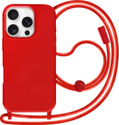 A red iPhone case with a red lanyard is shown against a white background.