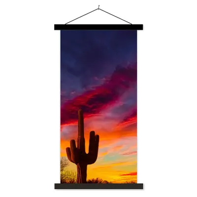 Produktbild von MuchoWow® Textilposter Kaktus - Himmel - Sonnenuntergang - Lila - Rosa 40x80 cm mit schwarzem Rahmen - Wandemalerei