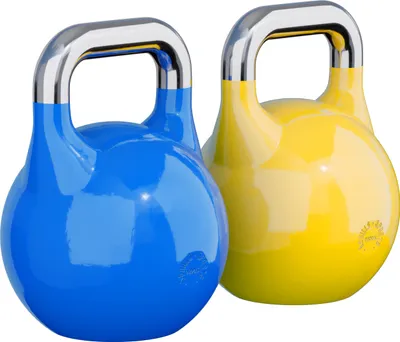 Two kettlebells, one blue and one yellow, are shown against a white background.