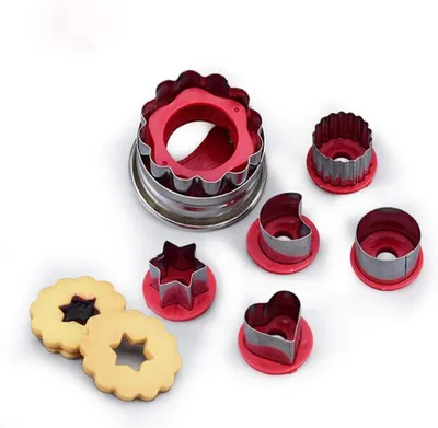 Productafbeelding van Plantaardige fruitvormpjes, set van 6. Linzer koekvormen van roestvrij staal, geschikt voor vulling, jam, taarten, kerstdecoraties, taartdecoratie, zelfgemaakte desserts, mousse, donuts en fondant, en voor het decoreren van fruit