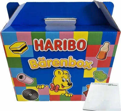 Produktbild von Haribo Bärenbox Papp-Koffer mit 12 Tüten Inhalt, mit Pastas & Ballas (960g Box) + usy Block